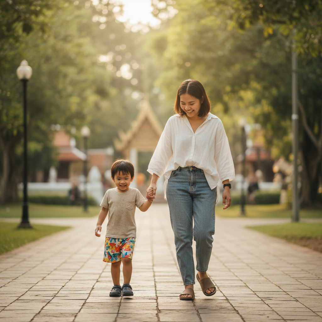 A professional nanny walking hand-in-hand with a happy child in a Chiang Mai park